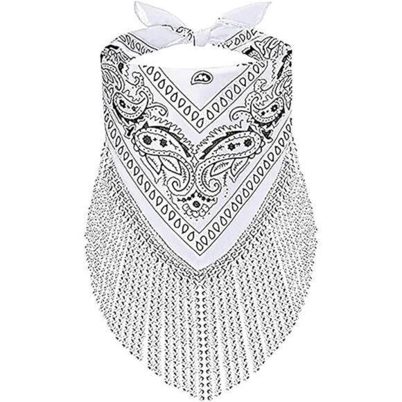 White Paisley Bandana Scarf with Rhinestone Fringe – Western Festival Accessory - Picture 7 of 7